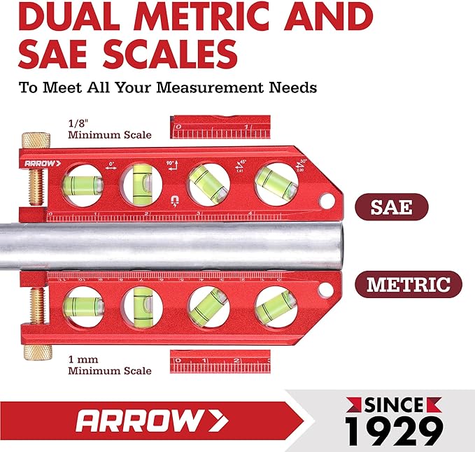 ARROW 6.3-Inch Torpedo Level, Magnetic Leveler with 0°/30°/45°/90° Bubbles, Top-view Windows, Aluminium Alloy Frame, Dual Metric and SAE Scales