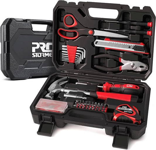 Prostormer 93-Piece Tool Kit, Basic Household Repair Tool Set with Toolbox Storage Case, Small Starter Tool Box Kit for Homeowners and College Students (Red)