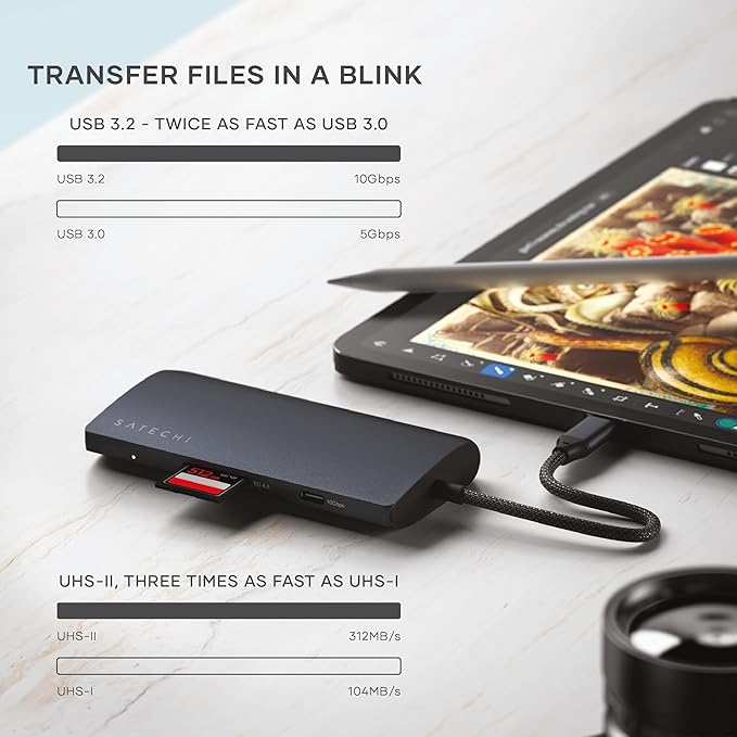 Satechi 8 in 1 USB C Hub Multiport Adapter V3, 8K HDMI, 100W Charging, 4 USB Data Ports, Ethernet, SD Card Reader, for Laptop, for Mac/Windows, MacBook Pro/Air M4/M3/M2/M1, iPad, iPhone 16 - Midnight