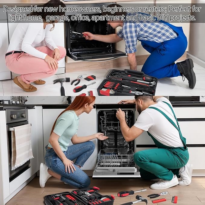 58 Piece Household Tool Set, General Household Hand Tool Kit with Plastic Toolbox Storage Case, All Purpose Household Tool Kit for Home, Garage, Office and College Dormitory Use, Red