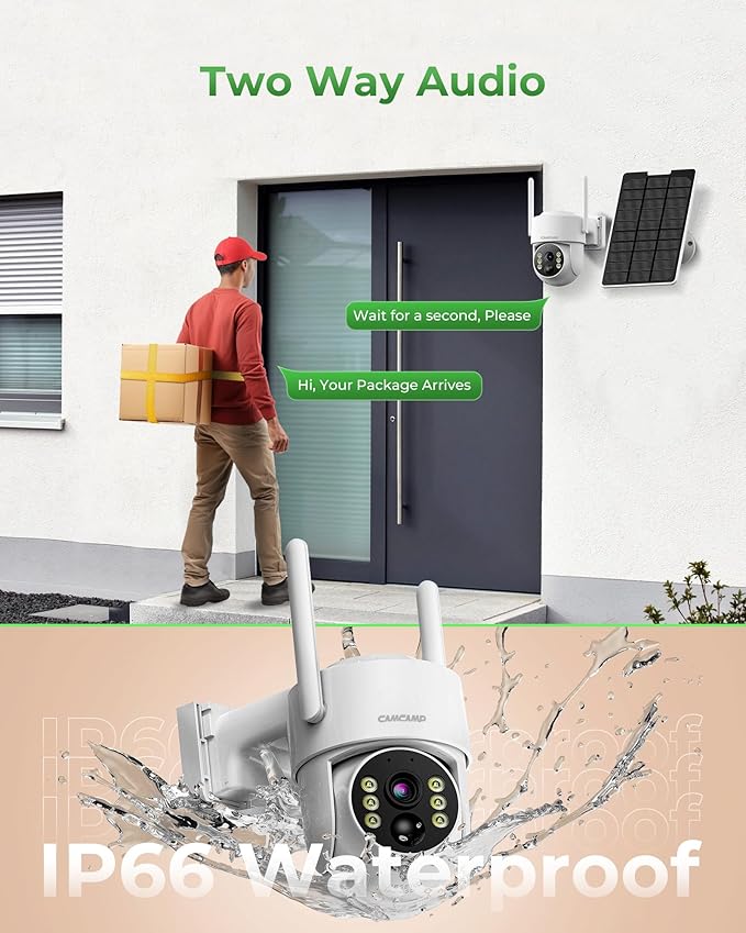 CAMCAMP 2K PTZ Wireless Solar Security Camera Outdoor for Solar Powered Home Security Camera Wireless System, No WiFi Need, Color Night Vision PIR Motion Detection App Alert 2-Way Talk IP66 Waterproof