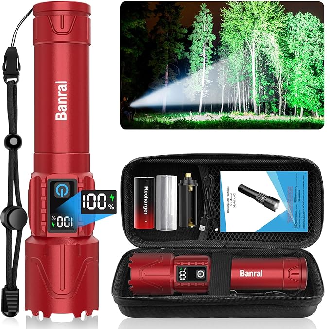 Rechargeable Flashlights High Lumens - Super Bright LED Tactical Flash Light, Powerful Waterproof Handheld USB C Flashlight for Camping,Emergencies,Home,5 Modes,Zoomable (1, Red)