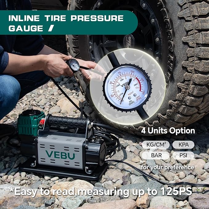 12V Air Compressor, 125PSI Tire Inflator with In-line Pressure Gauge, 5.65CFM Fast Inflation for Off-road Vehicles, Trucks, SUVs, RVs, ATVs, DC Power, Corded Electric