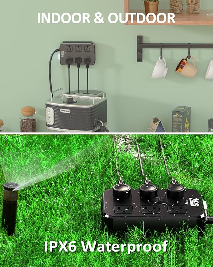 Outdoor Power Strip Weatherproof, Waterproof Surge Protector with 6 Wide Outlet with 3 USB Ports, 10FT Extension Cord,1875W Overload Protection,Outlet Extender for Christmas Lights ETL Listed Black