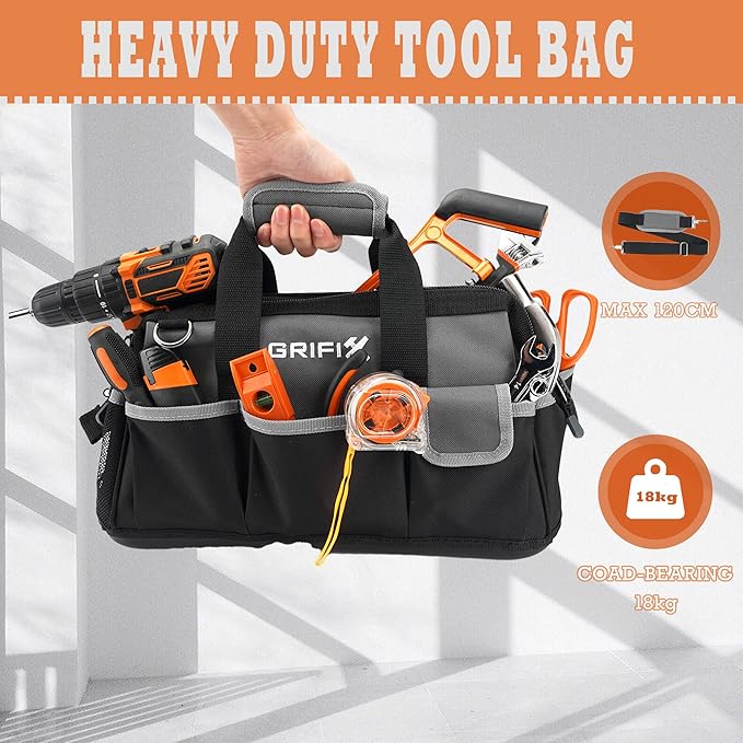 16-inch Tool Bag, Portable Tool Box Organizer Storage, Wide Mouth Tool Tote Bag with Large Zipper, 17-Pocket Adjustable Shoulder Strap and Ergonomic Handle (16" Molded Base)