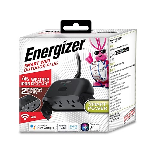 Energizer Smart Wi-Fi Outdoor Plug, Water-Resistant, 2 Individually Controlled Outlets, Customizable Schedules/Remote Access with App, Compatible with Alexa, Siri, Google Assistant, Black