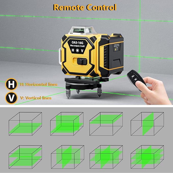 16 Line Laser Level 360 Self Leveling,Professional 4 x 360 Laser Level with Pulse Mode,4D Green Alignment Laser for Construction and Picture Hanging,with 2 Batteries,Magnetic Bracket,Hard Carry Case