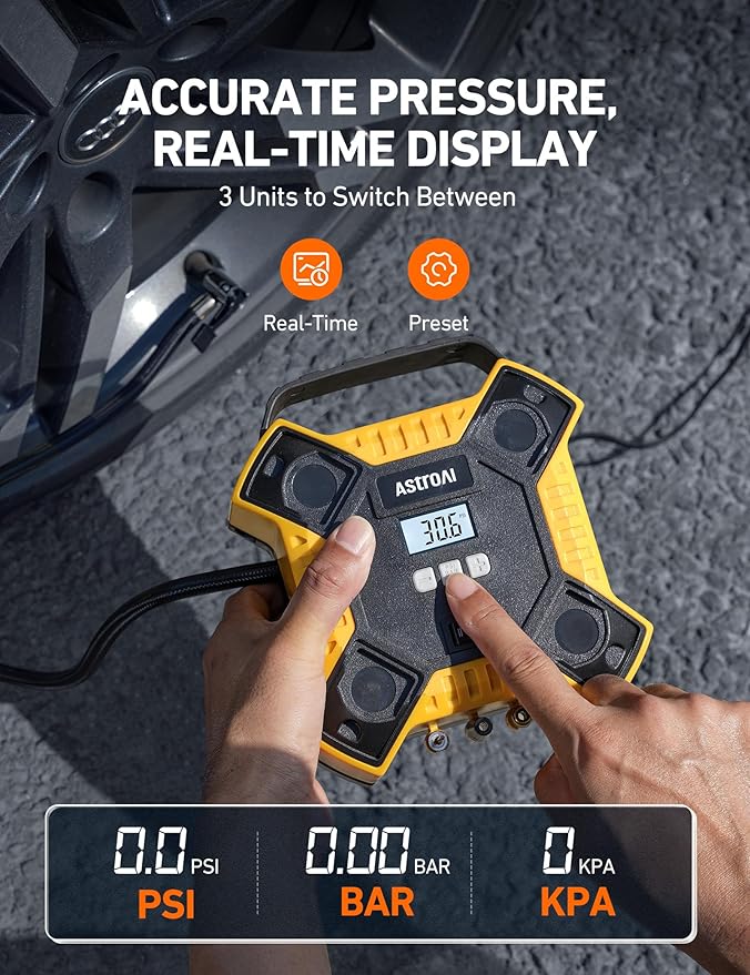 AstroAI Air Compressor Tire Inflator Portable Air Pump for Car Tires, 12V DC Integrated Metal Structure Tire Pump 160PSI with LED Light for Cars, Bicycles, Motorcycles, and Other Inflatables(Yellow)