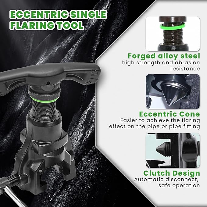Flaring Tool, Tube Pipe 8 Die Sizes 1/4", 5/16", 3/8", 1/2", 5/8", 3/4" Single Flaring Tool HAVC with 2 Flare clamp, 45° Eccentric Tube Flare Tool with Clutch Limit Platefor Copper Aluminum Tubing