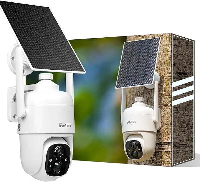 Sovmiku CQ1 AI 2K Solar Security Camera Wireless Outdoor, Battery Powered Cam, Two-Way Audio,PIR Motion Detection, Easy to Setup, Pan/Tilt 360° View,Color Night Vision,Audible Flashlight Siren,SD Slot