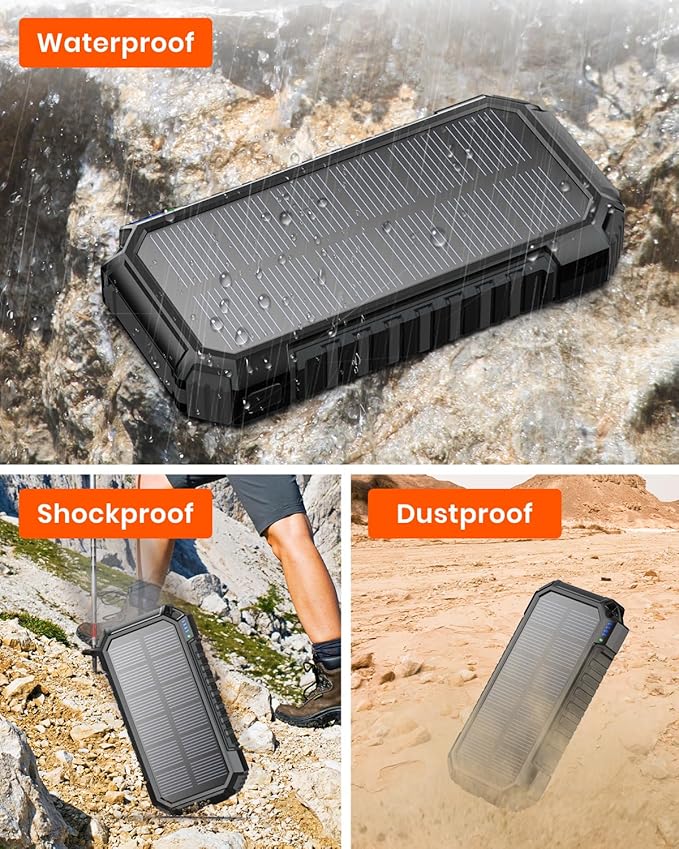 Riapow Solar Charger Power Bank - 26800mAh Wireless Portable Charger with USB C – PD QC3.0 Fast Charging Battery Bank - External Battery Pack with 4 Outputs for Phone Tablet, 2 Flashlight for Camping