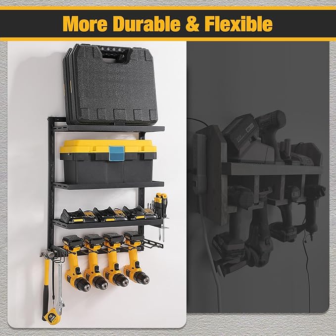 COFIT 4-Tier Power Tool Organizer, Power Drill Tool Holder, Wall Mount Tool Storage Organizer, Adjustable Height Iron Tool Rack for Garage Organization and Workshop