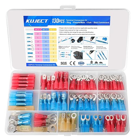 Kuject 130PCS Heat Shrink Wire Connectors Kit, Electrical Waterproof Crimp Butt Terminals, Insulated Spade Connectors for Automotive Marine Boat Truck, Include Rings Forks Spade Butt Splices