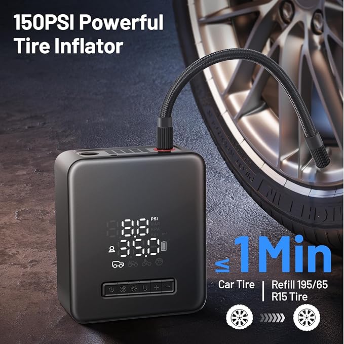 Tire Inflator Portable Air Compressor, 150PSI Air Pump with Pressure Gauge, Auto Shutoff, LED Flashlight, Car Tire Inflator for Bike, Car, Motorcycle, Ball