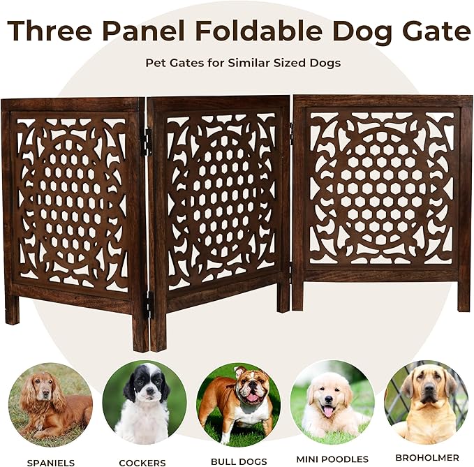Wooden Freestanding Foldable Dog Gate – 3 Panels, Extra Wide, 24'' Height, Decorative Pet Gate for Doorways, Natural Bedding Cratf