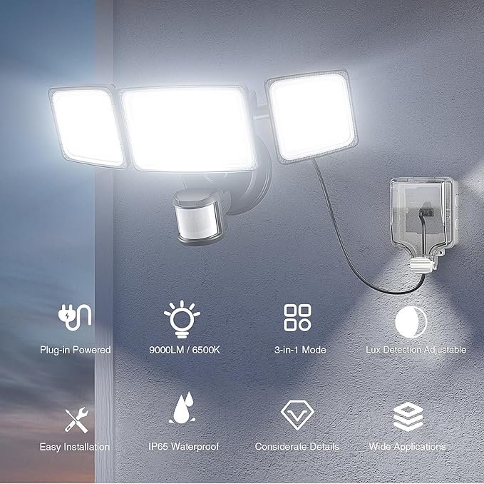 Onforu 100W LED Motion Sensor Outdoor Lights Plug in, Dusk to Dawn Flood Security Lighting Outside, Motion-Activated Detector Exterior Photocell Light Fixture, 9000LM 6500K IP65 Waterproof (Black)