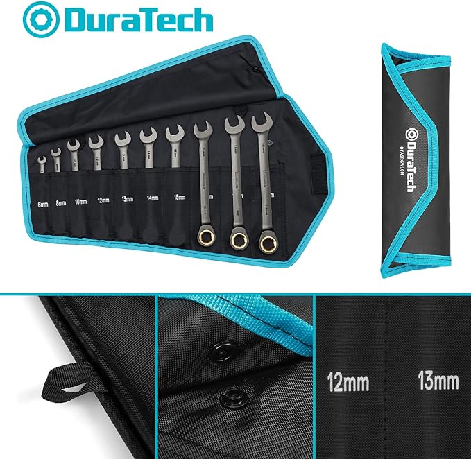 DURATECH Anti-Slip Ratcheting Wrench Set, Combination Wrench Set, 10-Piece, Metric 6-18mm, 72-Tooth, Nickel Plating, CR-V Steel, with Pouch