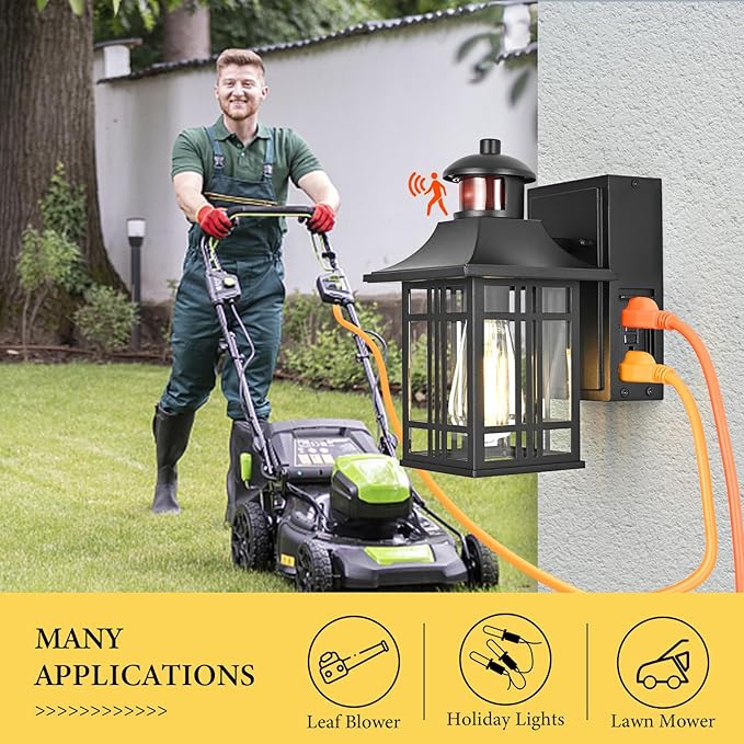 Motion Sensor Porch Light with Outlet, Outdoor Wall Lights Exterior Dawn to Dusk Outdoor Light Fixture with Outlet for House Patio Garage