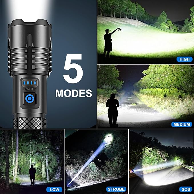 Rechargeable Flashlights High Lumens, 90,000 Lumens Super Bright Led Flashlights with USB Cable, Adjustable Powerful 5 Modes Waterproof Flashlight Handheld Flash Light for Home Camping