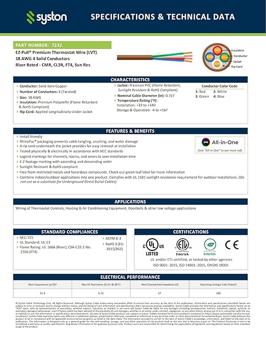 Syston 18/4 Thermostat Doorbell HVAC Heating Control Cable Wire, 100% Solid Copper Conductors CL3R/FT4/CMR Riser-Rated UL/ETL Listed, UV Resistant RoHS for Indoor/Outdoor Low Voltage Applications Use