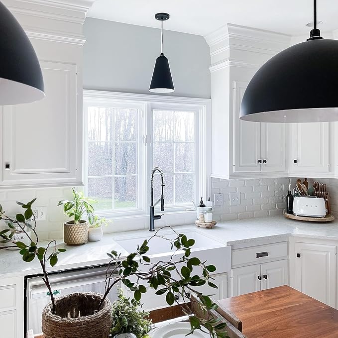 Steel Lighting Co. Laurel Pendant Light | Ceiling Mounted | 8.5 inch Cone Shade | Modern Contemporary Farmhouse Style Made in America | White Cord | Matte Black Exterior/White Interior