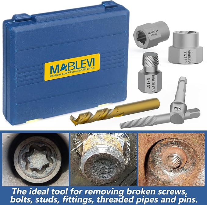MABLEVI 49 Pcs Screw Extractor Bolt Extractor Set, Left Hand Drill Bit Set, Easy Out Multi-Spline Stripped Bolt Remover for Broken Rusted Nuts Bolts Screws