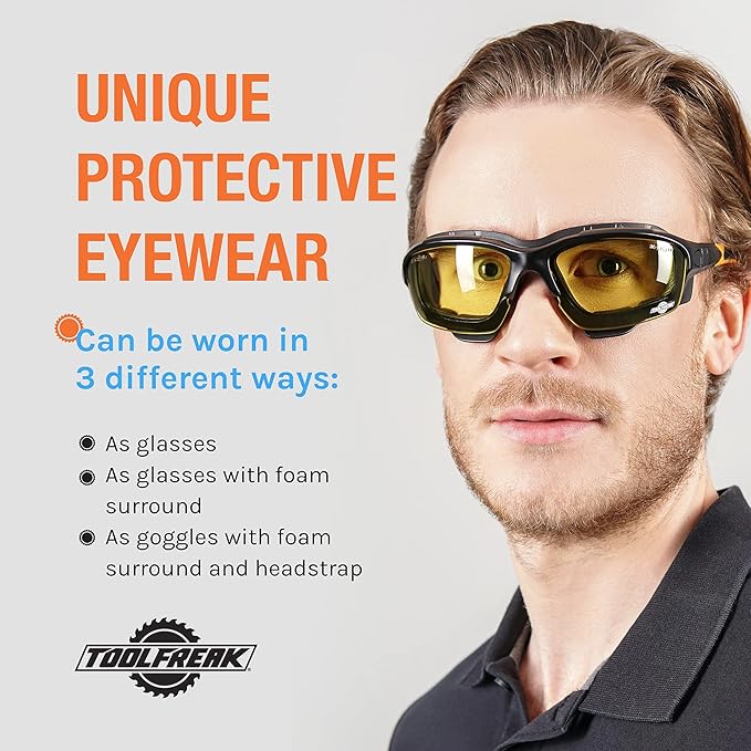 ToolFreak Spoggles Safety Glasses HD Yellow Polycarbonate Lens, Impact Protection, Foam Padded, ANSI Z87 Rated, Head Strap and Carry Pouch