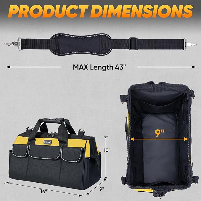 TICONN Tool Bag with Multi-Pockets Wide Mouth Tool Tote with Safety Reflective Straps, Adjustable Shoulder Strap and Ergonomic Handle (Yellow, 16" Standard Base)