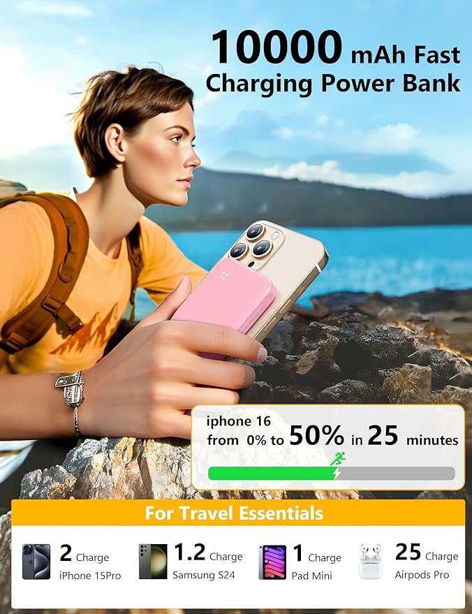 Alongza Portable Charger Built-in Cables and AC Wall Plug, Slim Fast Charging Power Bank 10000mAh, Lightweight USB C External Battery Pack Compact Travel Cell Phone Charger, 2 Pack Black & Pink