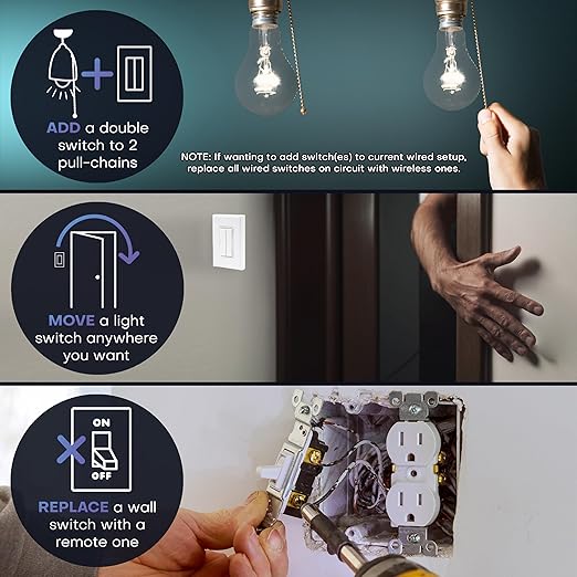 RunLessWire 3-Way Fan & Light Battery-Free DIY Kinetic Wireless Light Switch Kit for Bathrooms & Ceiling Fans: 2 Dual Remote Switches, Both Control 2 5A On/Off Receivers Separately – Ivory