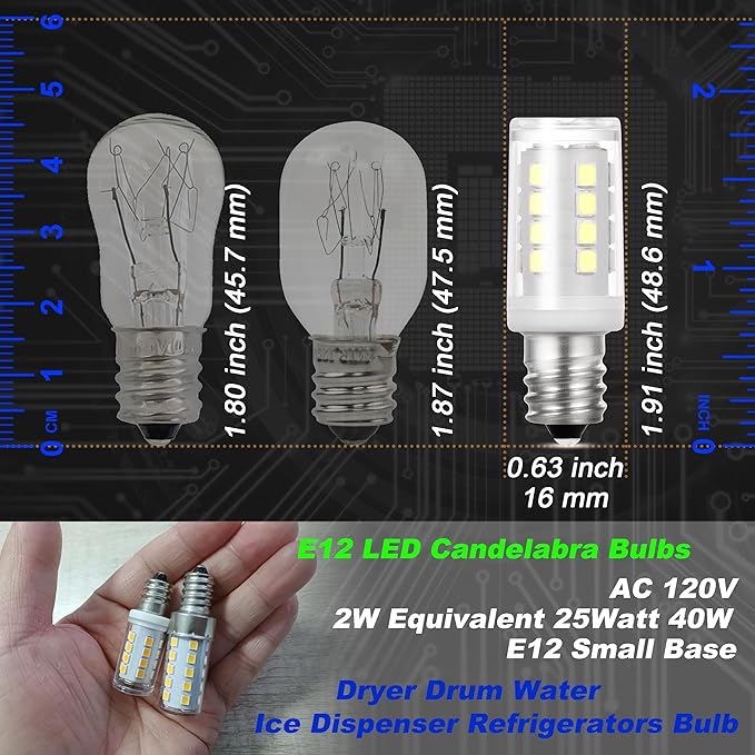 Dryer Light Bulb 120V 10W 25W 40W Equivalent WE05X20431 WP22002263 Appliance Bulb E12 Candelabra Base 2W 300lm 6000K Daylight White for Dryer Drum Water Ice Dispenser Refrigerators Bulb, 2 Pack