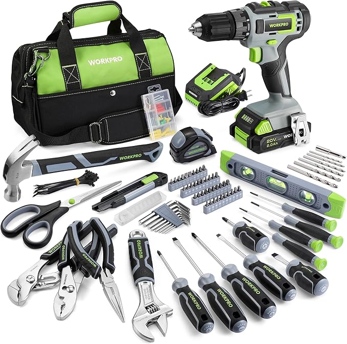 WORKPRO Home Tool Set With 20V Cordless Lithium-ion Drill Driver, 157PCS All-Purpose Kit, Power Drill Combo With Tool Bag