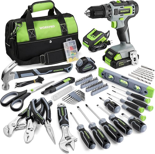 WORKPRO Home Tool Set With 20V Cordless Lithium-ion Drill Driver, 157PCS All-Purpose Kit, Power Drill Combo With Tool Bag