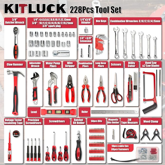 KITLUCK 228-piece Home Tool Kit, Household Hand Repair Tool Set for men, Portable Tool box Set with Tools (Screwdriver, Wrench, Plier, Socket, Harmer, Hex Key, Rule, Saw, Knife, etc.) for Home and Car