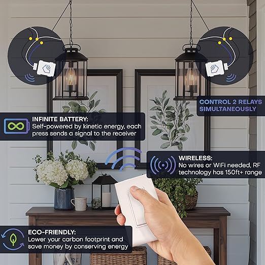 RunLessWire 2 Fixture Battery-Free DIY Kinetic Wireless Light Switch Kit 150ft RF Range for Different Fixtures or Outlets: 1 Remote Switch Controls 2 5A On/Off Receivers Simultaneously – Brown