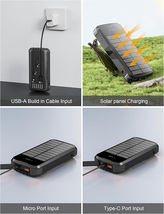 Solar Charger Power Bank, 40000mAh Portable Phone Charger Built in 4 Cables with USB C in/Output, PD 20W Fast Charging Portable Charger, External Battery Pack with Dual Bright Flashlights
