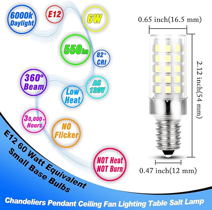 E12 Candelabra LED Light Bulbs 60 Watt Equivalent 6W 6000K Daylight White 550lm E12 C7 T6 Small Base for 120 Volt Chandelier Pendant Ceiling Fan Lighting Table Salt Lamp, Non-dimmable, 4 Pack