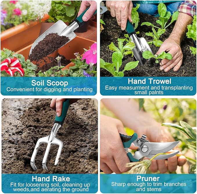 Garden Tools Sets, Gardening Tool Set with 39.3 in Repotting Mat, 7 Piece Gardening Kit with Non Slip Ergonomic Handle, Heavy Duty Garden Tool Bag Gardening Supplies for Women and Men