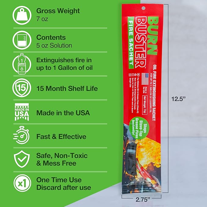 2-Pack BurnBuster Battery Fire Sachet for Oil & Grease Fires for Home and Outdoor Use - Fire Suppressant for Kitchens, Stove-Top and Oven Suitable - Non-Toxic 7 oz. Sachet, Made in USA