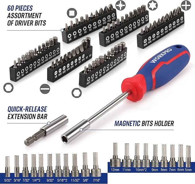 WORKPRO Mechanics Tools Kit and Socket Set, 192-Piece, SAE&Metric, 1/2'', 1/4'', 3/8'' Drive Socket Ratchet Wrench Set with Molded Case
