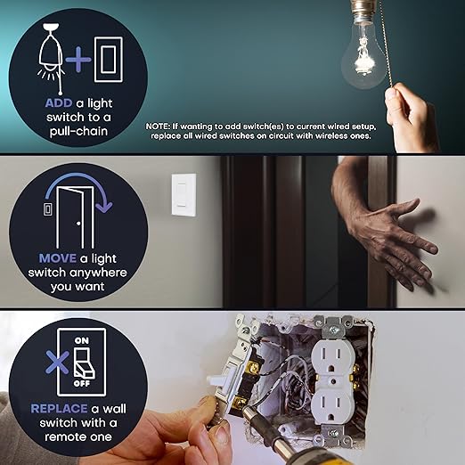 RunLessWire 4-Way Battery-Free DIY Wireless Light Switch Kit 150ft RF Range Self-Powered by Kinetic Energy for Hallways & Stairways: 3 Remote Switches Control 1 5A On/Off Receiver – White