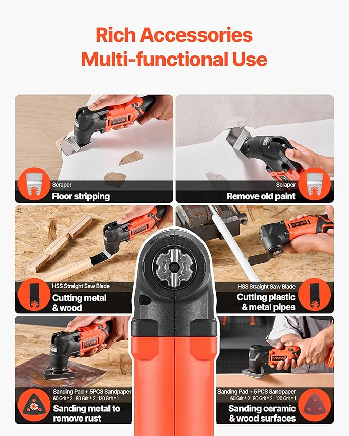 VEVOR Cordless Oscillating Tool, 20V Multitool Oscillating Tool with 6 Variable Speeds 8500-17000 OPM, 3.2° Oscillating Angle, 8PCS Saw Accessories & LED Work Light (Battery Pack Not Included)