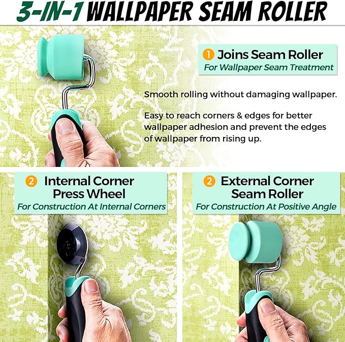 Wallpaper Smoothing Tools, 10pcs Wallpaper Kit with Silicone Flat & Corner Seam Roller, Squeegee and Wallpaper Paste Brush for Smoothing Wall paper Peel and Stick Vinyl Application