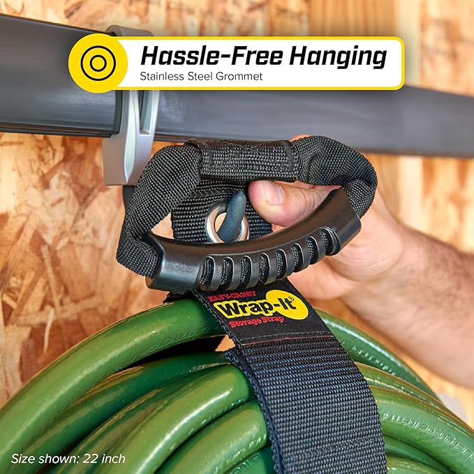Easy-Carry Wrap-It Storage Straps - 22" (2-Pack) Black with Grommet - Extension Cord Holder Organizer for Garden Hose Storage Cord Straps