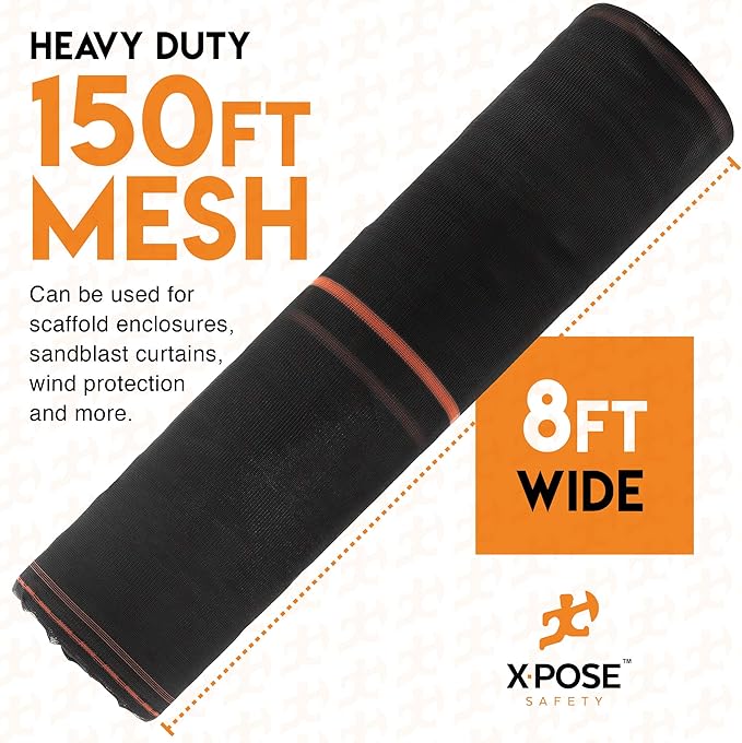 Construction Safety Debris Netting - 150 Ft Temporary Material Roll, 1/16" Mesh Scaffold Net Enclosure, Barricade, Visibility Barrier, Fencing Roll, Heavy Duty Fire Retardant 8 ft x 150 ft, Black