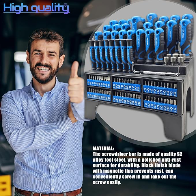 100-Piece Screwdriver Set with Storage Rack, Includes Slotted, Phillips, T-shaped, Z-shaped, Hex, Torx, Square, Precision, Ratchet Screwdriver or Bits, Nut Drivers, Ideal for Household Repair (Blue)