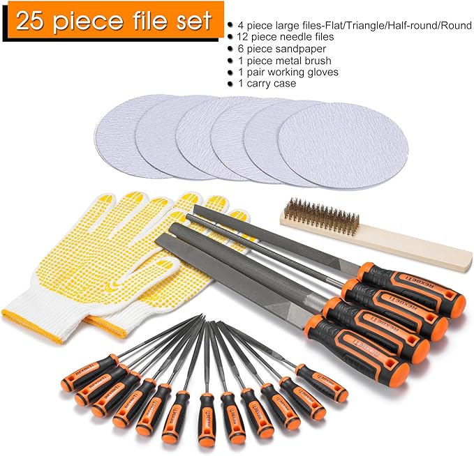 REXBETI 25Pcs Metal File Set, Premium Grade T12 Drop Forged Alloy Steel, Flat/Triangle/Half-round/Round Large File and 12pcs Needle Files with Carry Case, 6pcs Sandpaper, Brush, A Pair Working Gloves