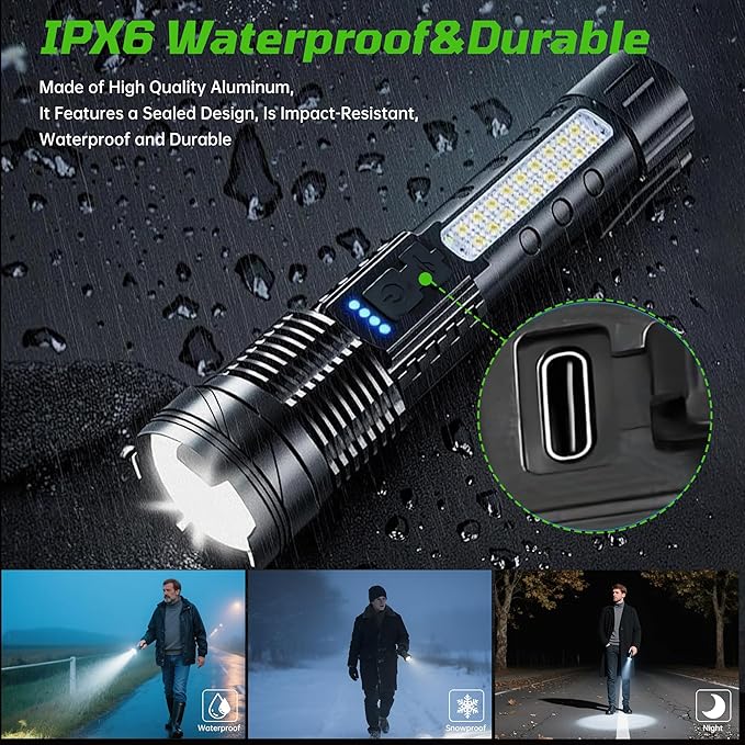 Rechargeable LED Flashlight High Lumens, High Lumens Super Bright Handheld Flashlight with 7 Modes, Zoomable, Waterproof, USB-C Charging, Tactical Flashlight for Home, Emergency, Camping, 2 Pack