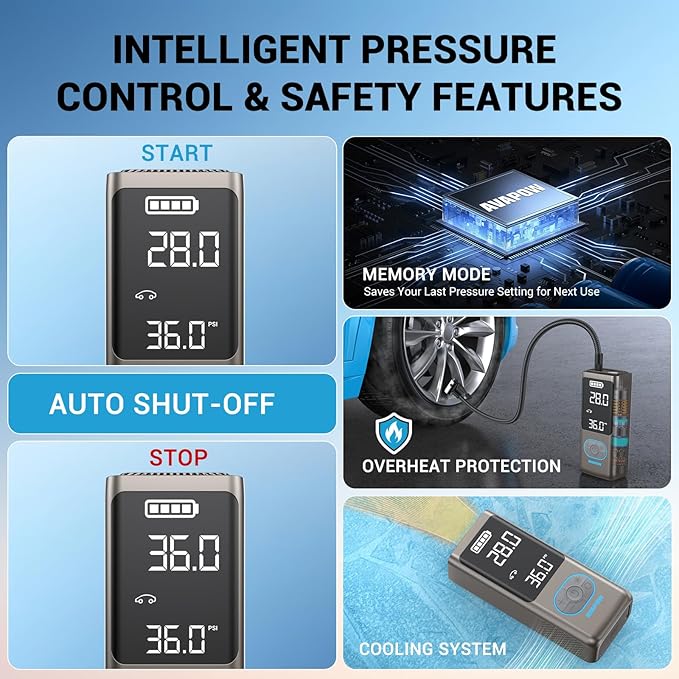 AVAPOW AP18 Tire Inflator Portable Air Compressor, 300% Faster 150 PSI Cordless Air Pump with Tire Pressure Gauge, 3.7″ Dual LCD Screen, Auto-Shuts Off Tire Pump for Car, Motorcycle, Bicycle, Gold