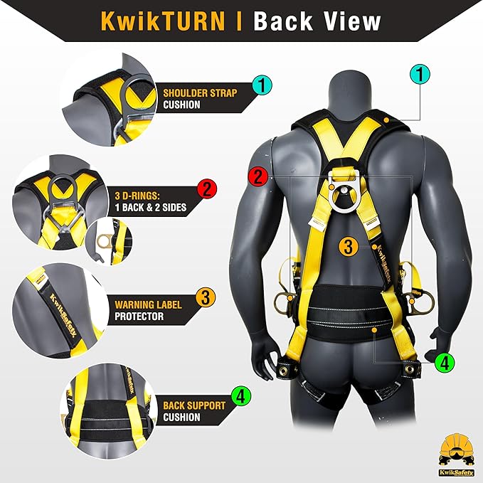 KwikSafety - TYPHOON Safety Harness [3 D-RINGS + BACK SUPPORT] Safety Harness Fall Protection Kit, 2025 ANSI Compliant